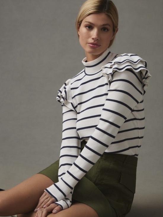 Anthropologie Sweaters - Anthropologie T.LA Ruffled Turtleneck Top Black Cream Stripe Medium